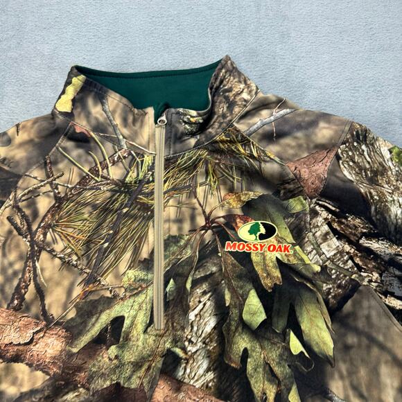 Mossy Oak Mens Softshell Jacket Green Brown Camo Half Zip‎ Pullover Vented LARGE - Picture 1 of 8